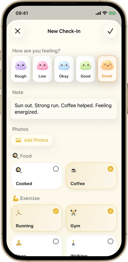 Dayfuku check-in composer with mood, activities, and notes
