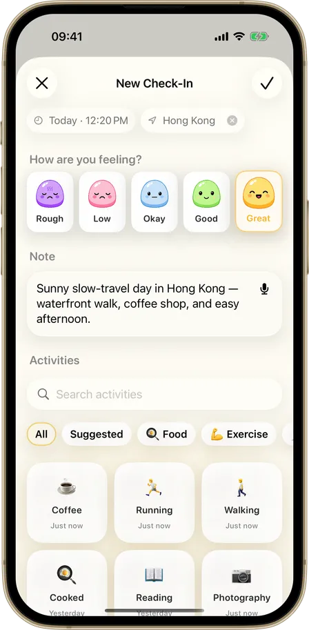 Dayfuku check-in composer with mood, activities, and notes